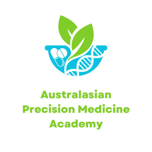 Australasian Precision Medicine Academy logo - mortar and pestle with DNA strand and capsules.